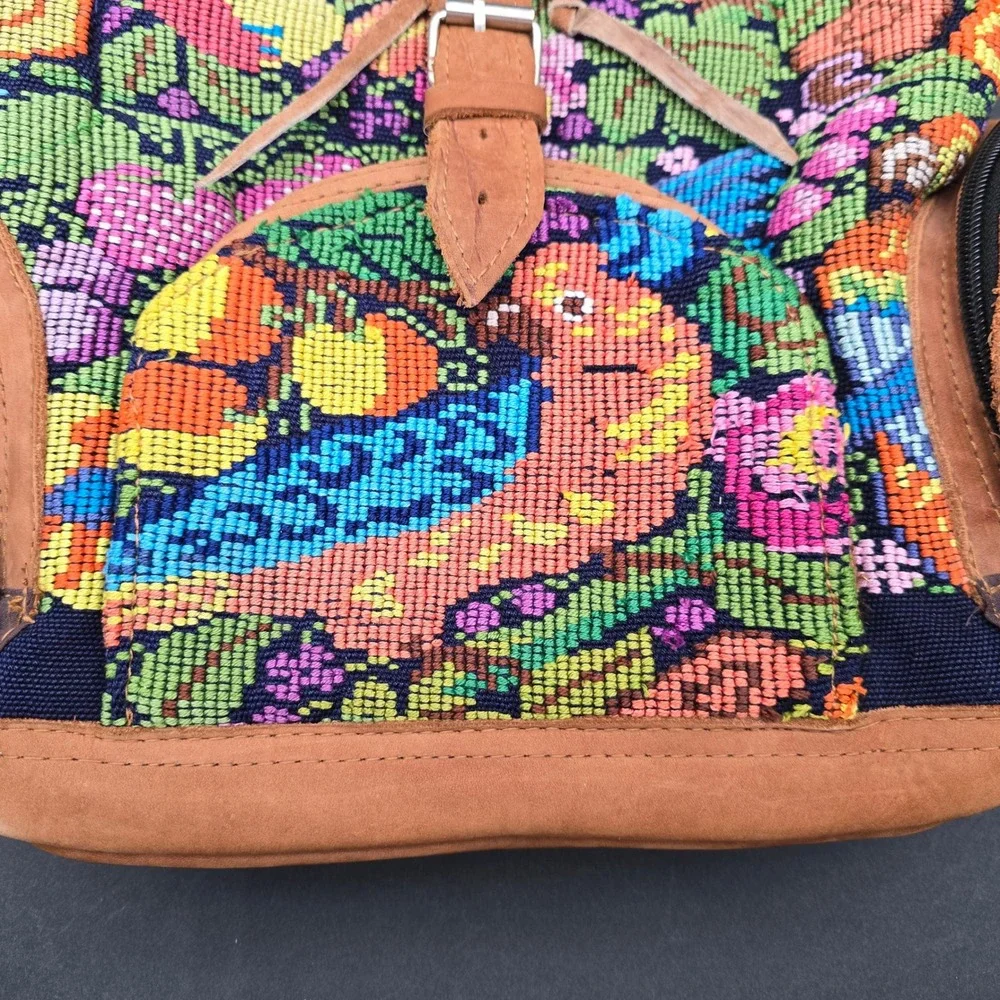 Guatemalan Huipil Hand Woven Bird Tapestry Floral Boho Bag Backpack Leather